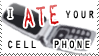 A stamp with a flip phone pictured on it. The text says 'I ate your cell phone' with a visual emphasis on 'ate'.